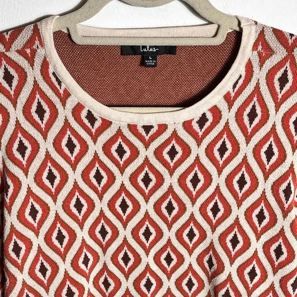 Lulu's Promising Style Taupe Multi Geo Print Cutout Sweater Top Large - Picture 6 of 14